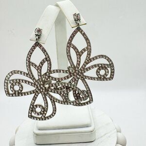 Butterfly Rhinestone Earrings Large Dangle  Silver Tone Clear White Sparkle
